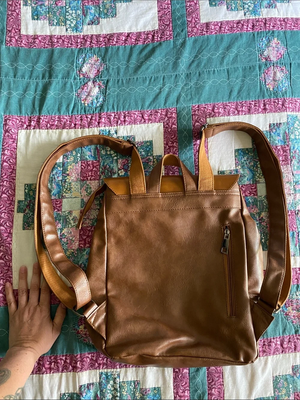 Men's Tan Leather Backpack with Front Buckle Flap